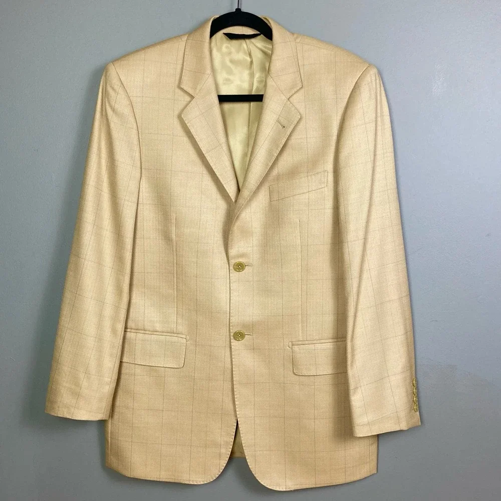 Baroni‎ Couture Sport Coat  Size 38R Tan Camel Plaid Wool Blazer light neutrals